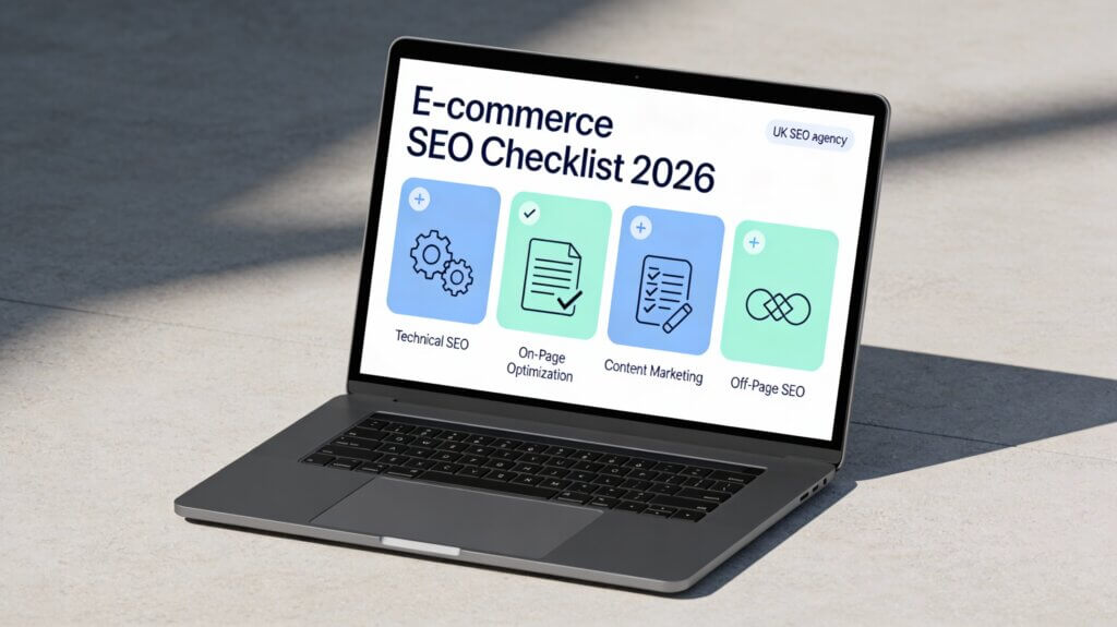 E-commerce SEO checklist displayed on laptop screen